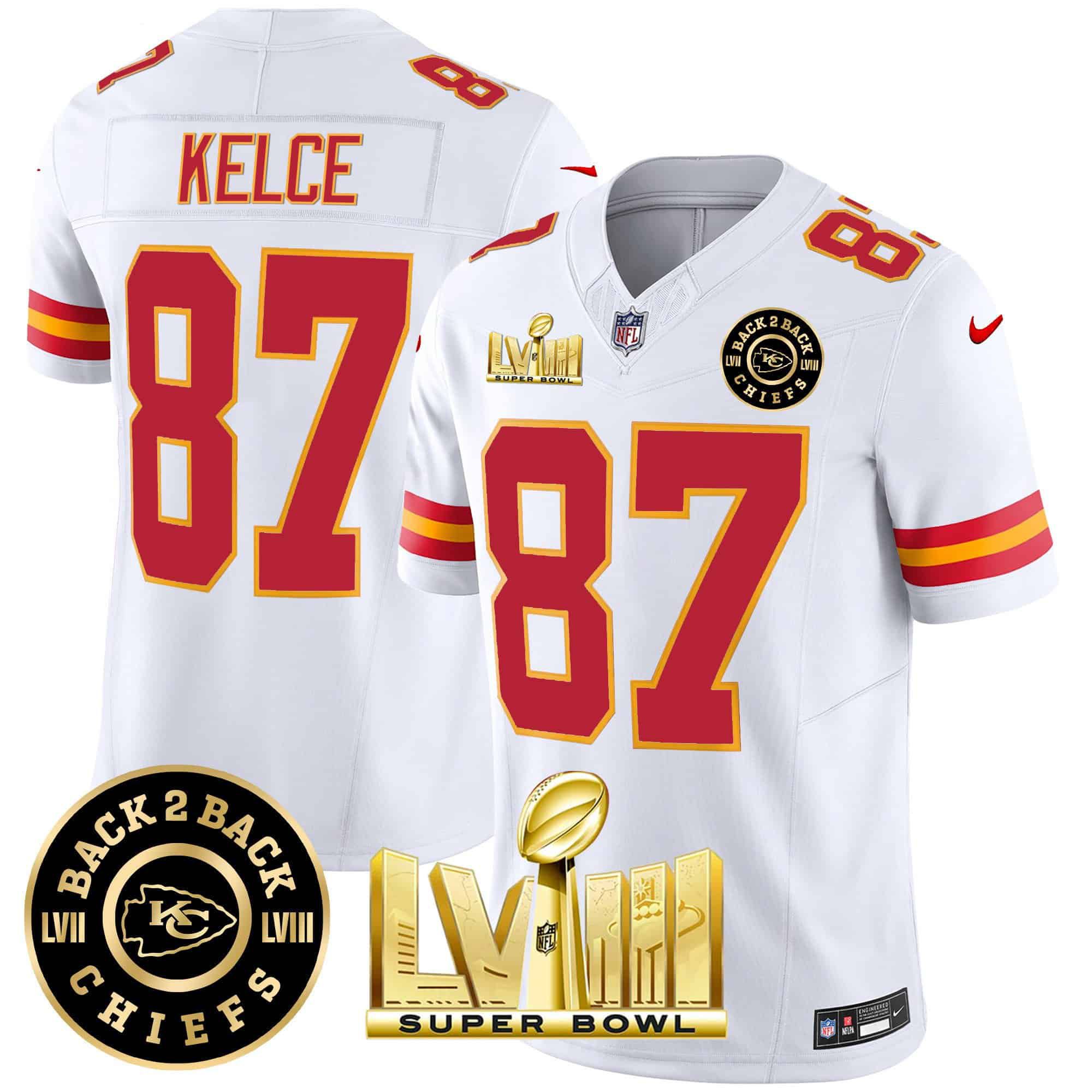 Men Kansas City Chiefs 87 Kelce White 2024 Nike Super Bowl LVIII & Back 2 Back Patch Vapor NFL Jersey